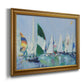 Coastal harbor watercolor painting printed on canvas in an ornate traditional gold frame.