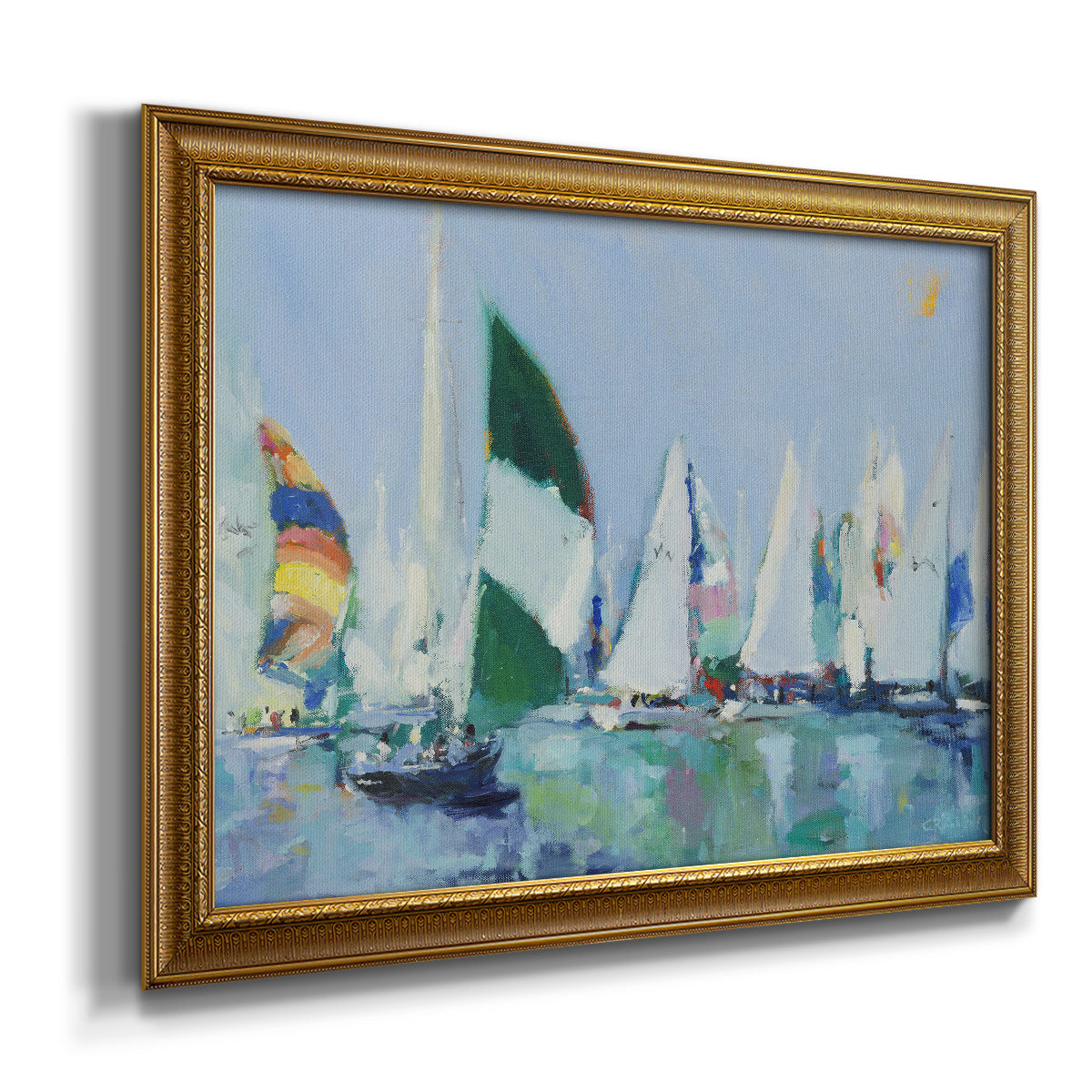 Coastal harbor watercolor painting printed on canvas in an ornate traditional gold frame.