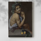 Canvas art print of a figure holding fruit with strong contrast and shadow with a soft shadow on a white background.