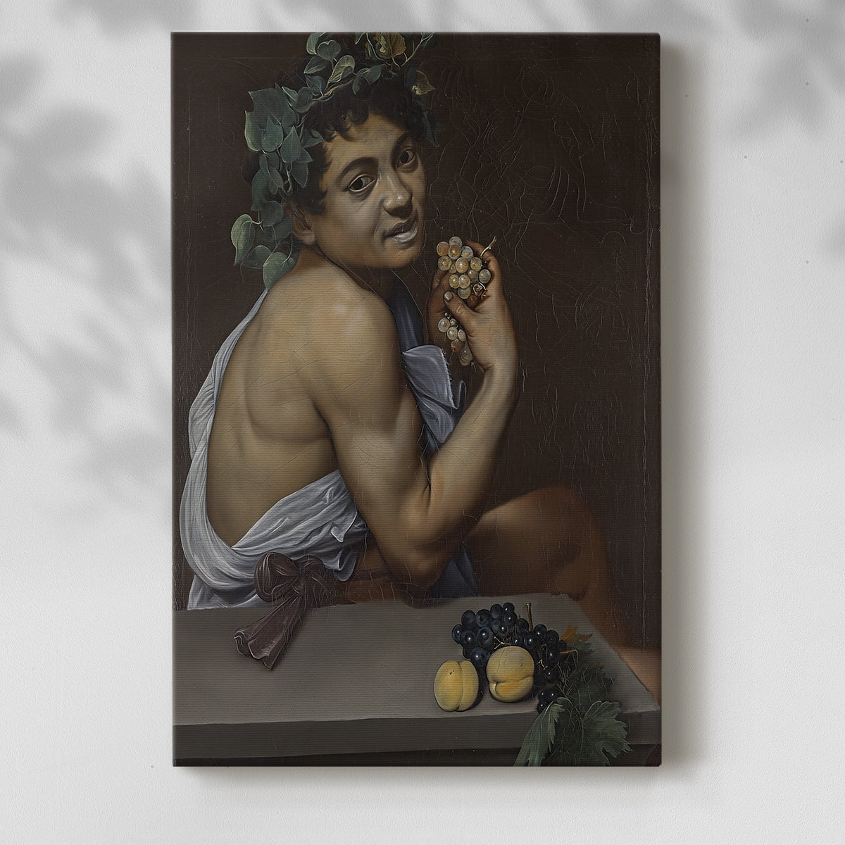 Canvas art print of a figure holding fruit with strong contrast and shadow with a soft shadow on a white background.
