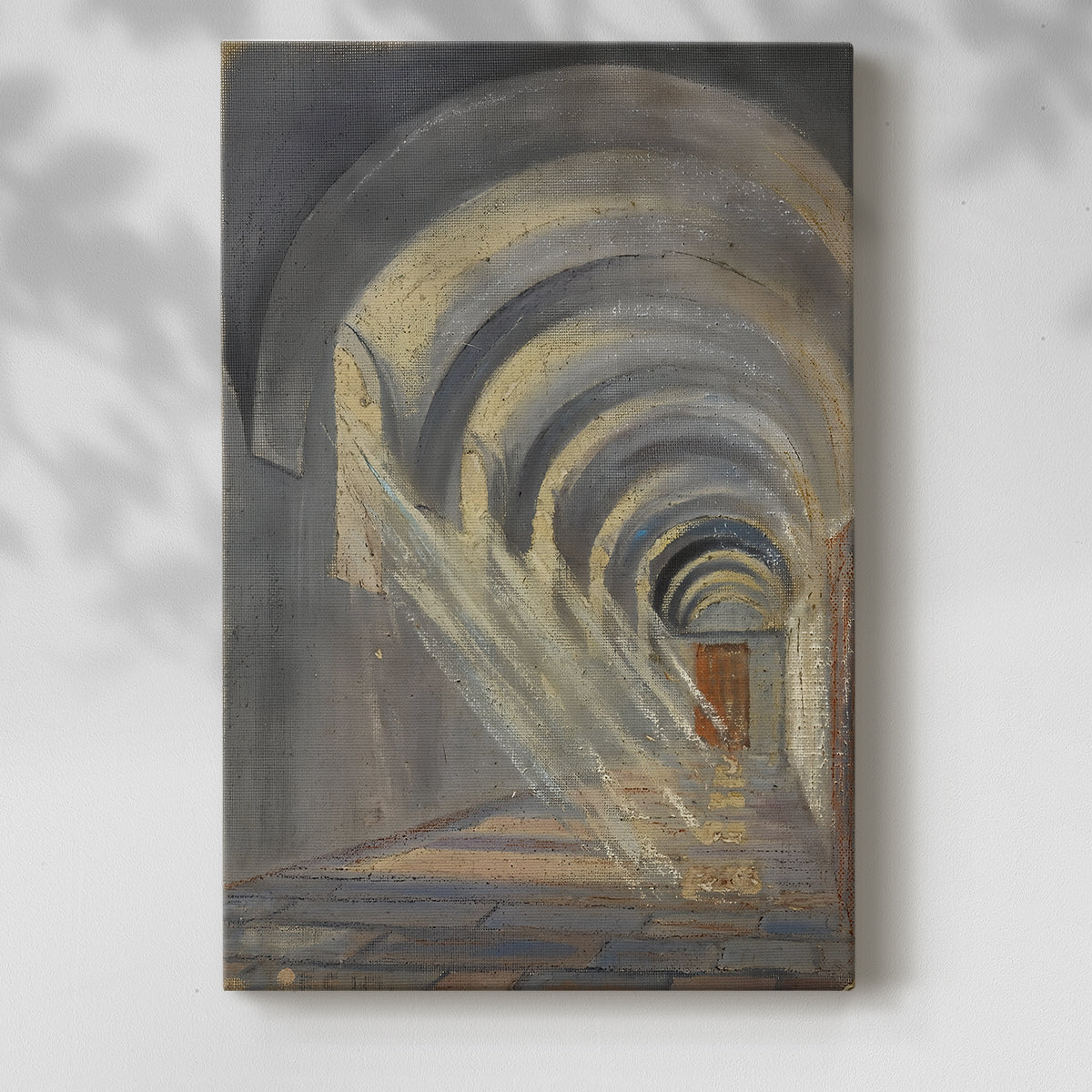 Canvas art print of a stylized interior with strong lines and dramatic light with a soft shadow on a white background.