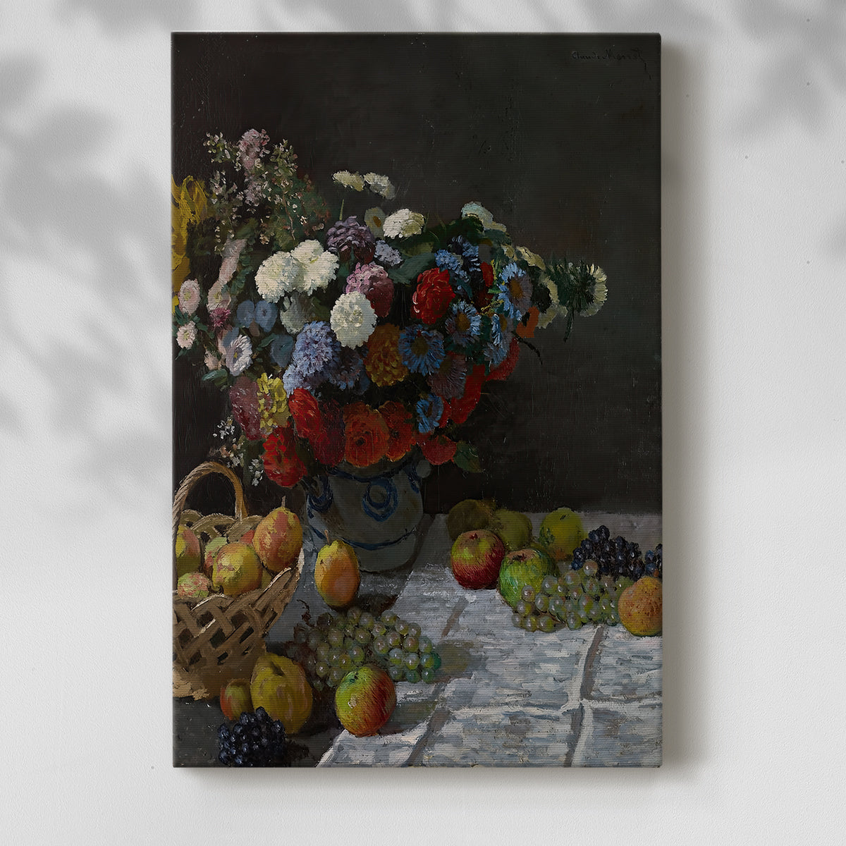 Canvas art print of a vibrant composition of fruit and blossoms with loose brushwork with a soft shadow on a white background.
