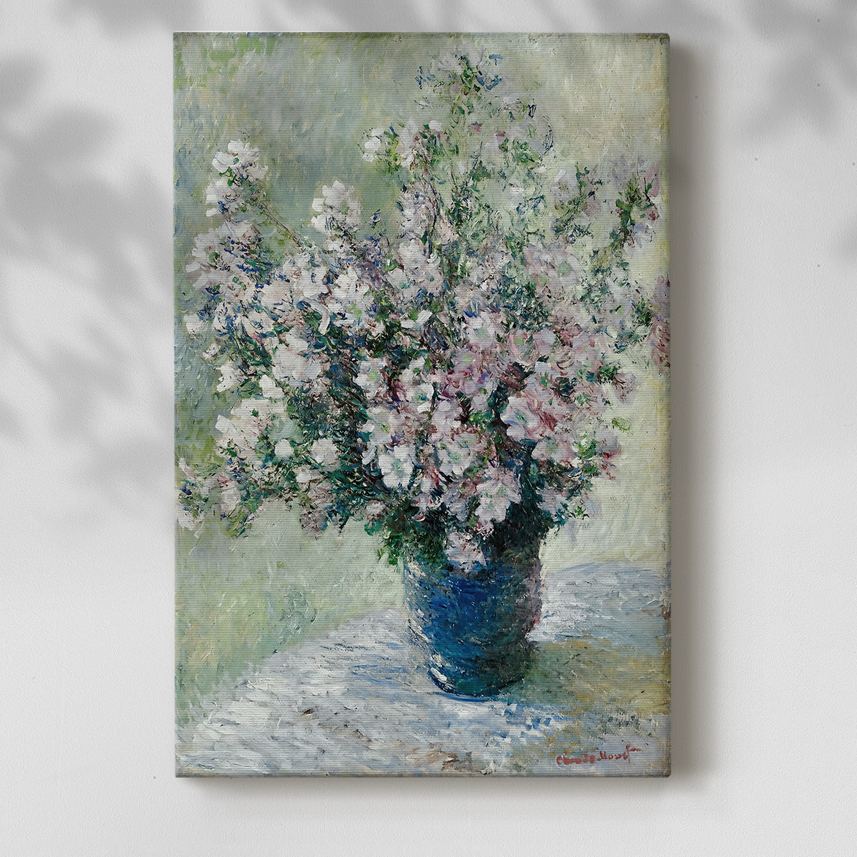 Canvas art print of a floral arrangement with loose brushwork and gentle tones with a soft shadow on a white background.