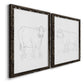 Angled view of a set of two black barnwood framed canvas prints featuring two minimalist livestock sketches featuring simple contour drawings of standing cows.
