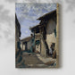 Canvas art print of a quiet town scene with simple architecture and muted tones with a soft shadow on a white background.