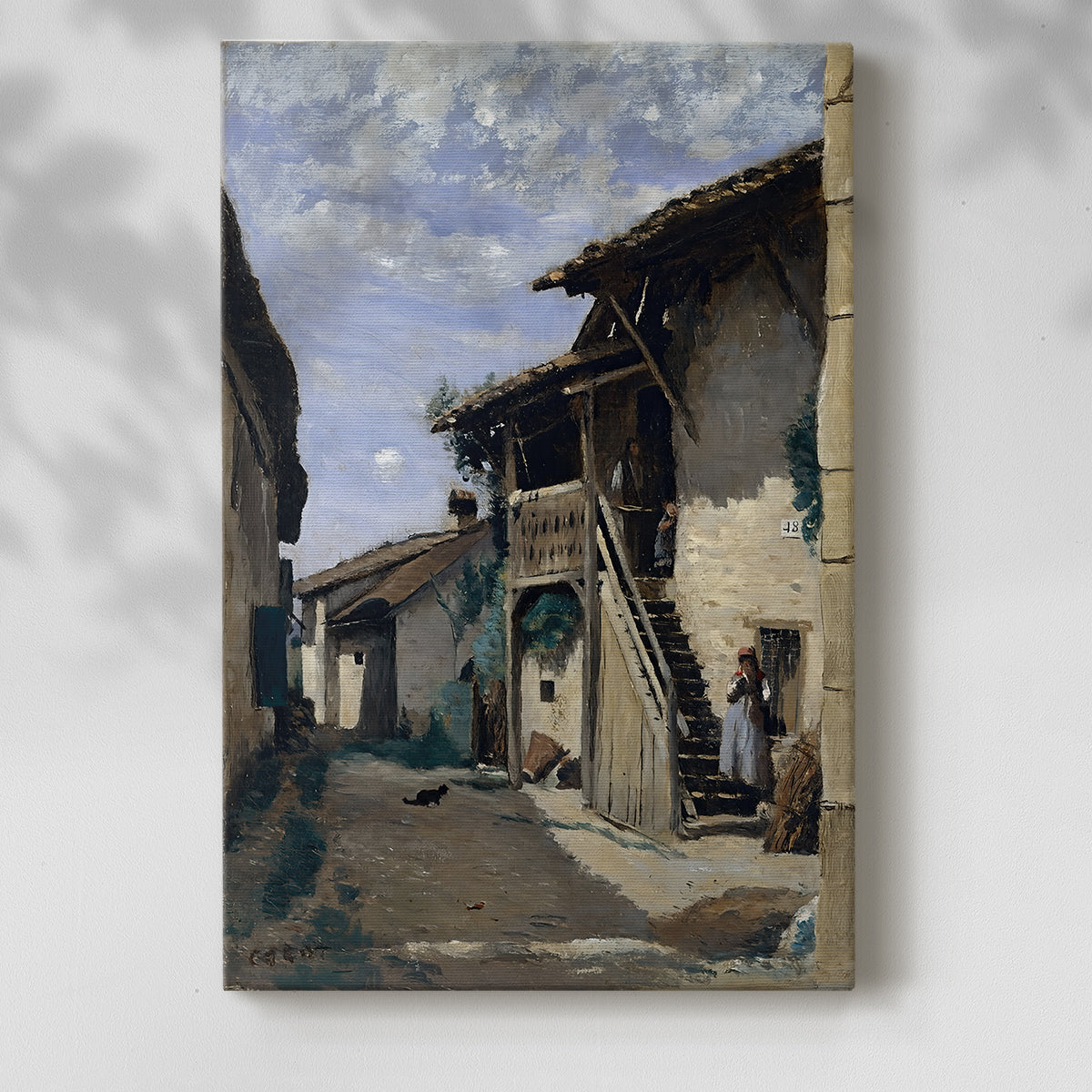 Canvas art print of a quiet town scene with simple architecture and muted tones with a soft shadow on a white background.