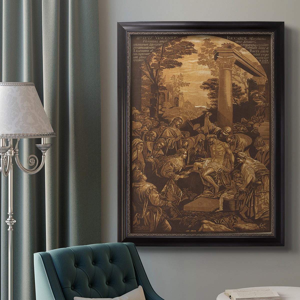 Monochrome religious painting of the raising of Lazarus by Leandro Bassano in an ornate black frame with gilded inner detail displayed in a neutral interior setting.