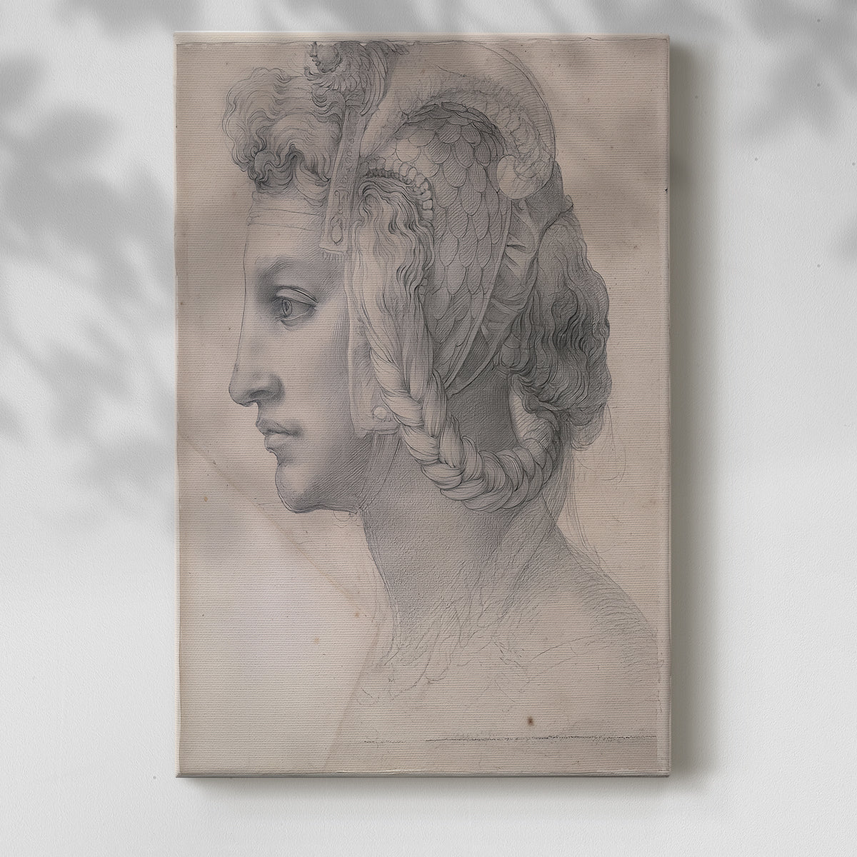 Canvas art print of a refined portrait study with smooth lines and gentle tones with a soft shadow on a white background.