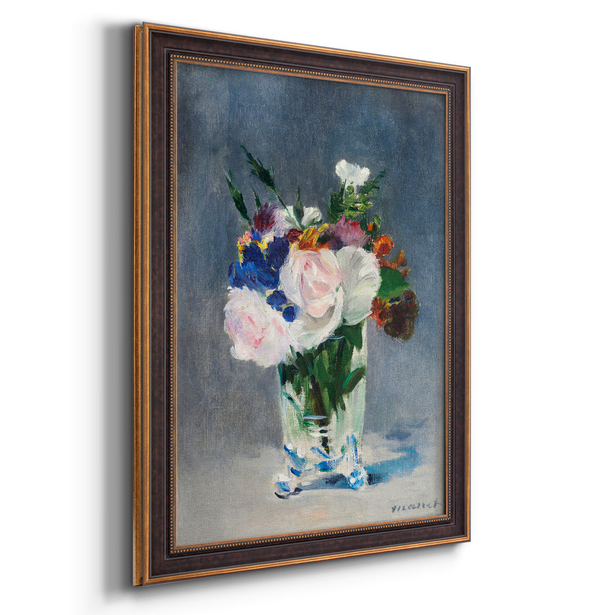 Impressionist floral still life painting by Claude Monet printed on canvas in an ornate bronzed mahogany wood frame with a vertical orientation.