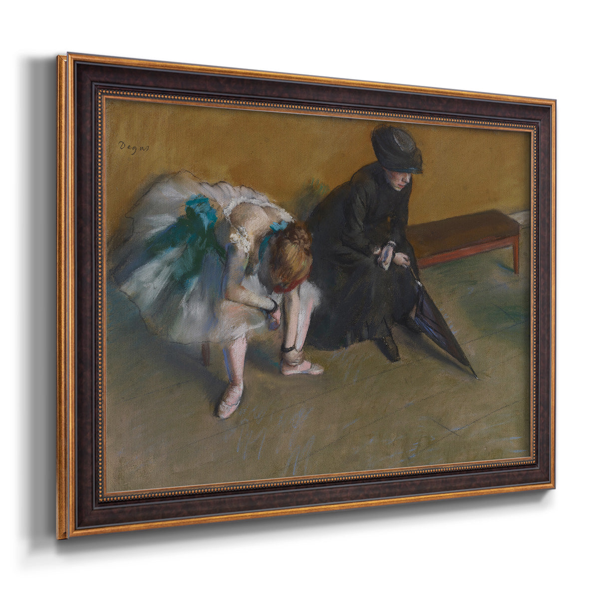 Impressionist portrait of a seated woman by Edgar Degas printed on canvas in an ornate bronzed mahogany wood frame.
