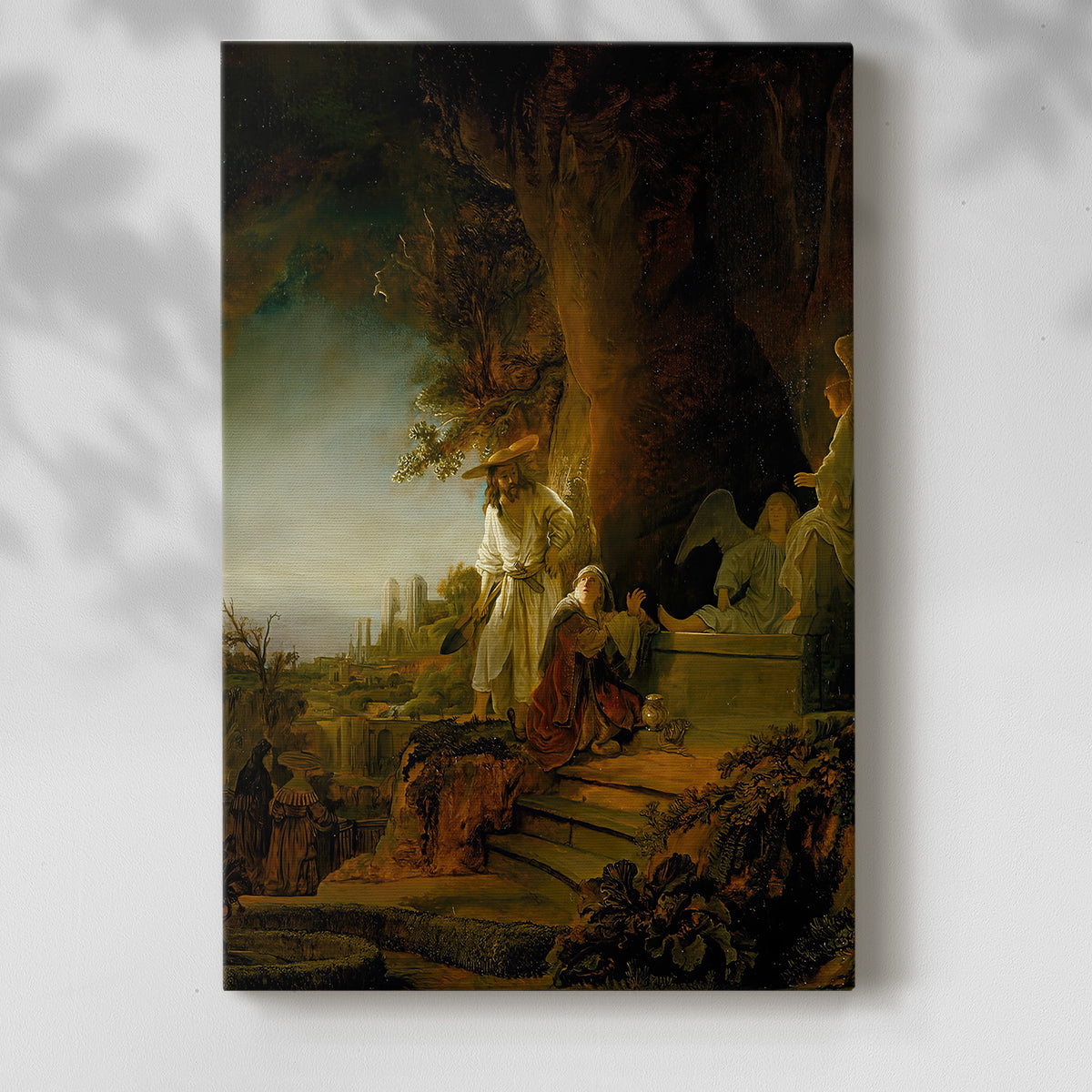 Canvas art print of a quiet religious composition with figures and soft contrast with a soft shadow on a white background.