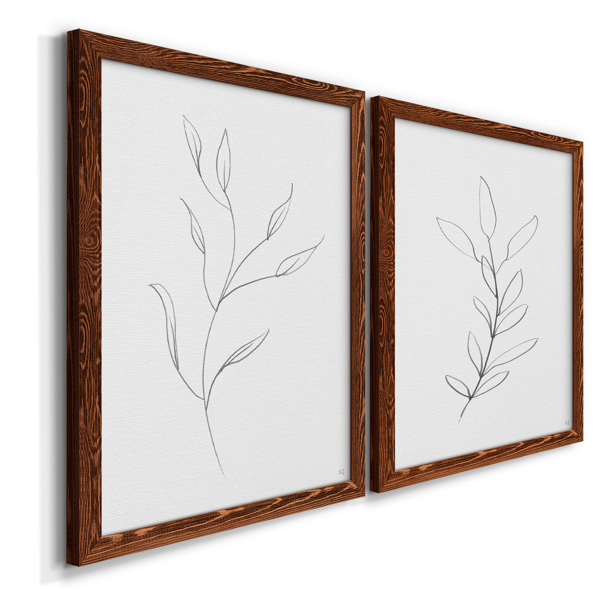 Angled view of a set of two maple barnwood framed canvas prints featuring two minimalist botanical line drawings featuring single continuous-line leafy branches.