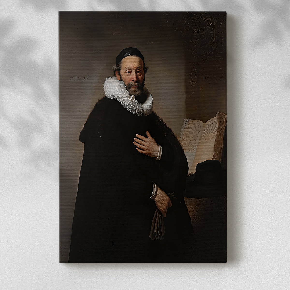 Canvas art print of a composed figure with subtle shading and calm expression with a soft shadow on a white background.
