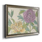 Contemporary peony flower illustration printed on canvas in an ornate mottled silver frame.