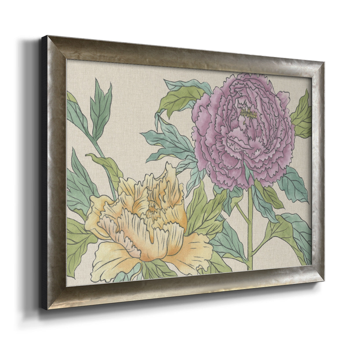 Contemporary peony flower illustration printed on canvas in an ornate mottled silver frame.