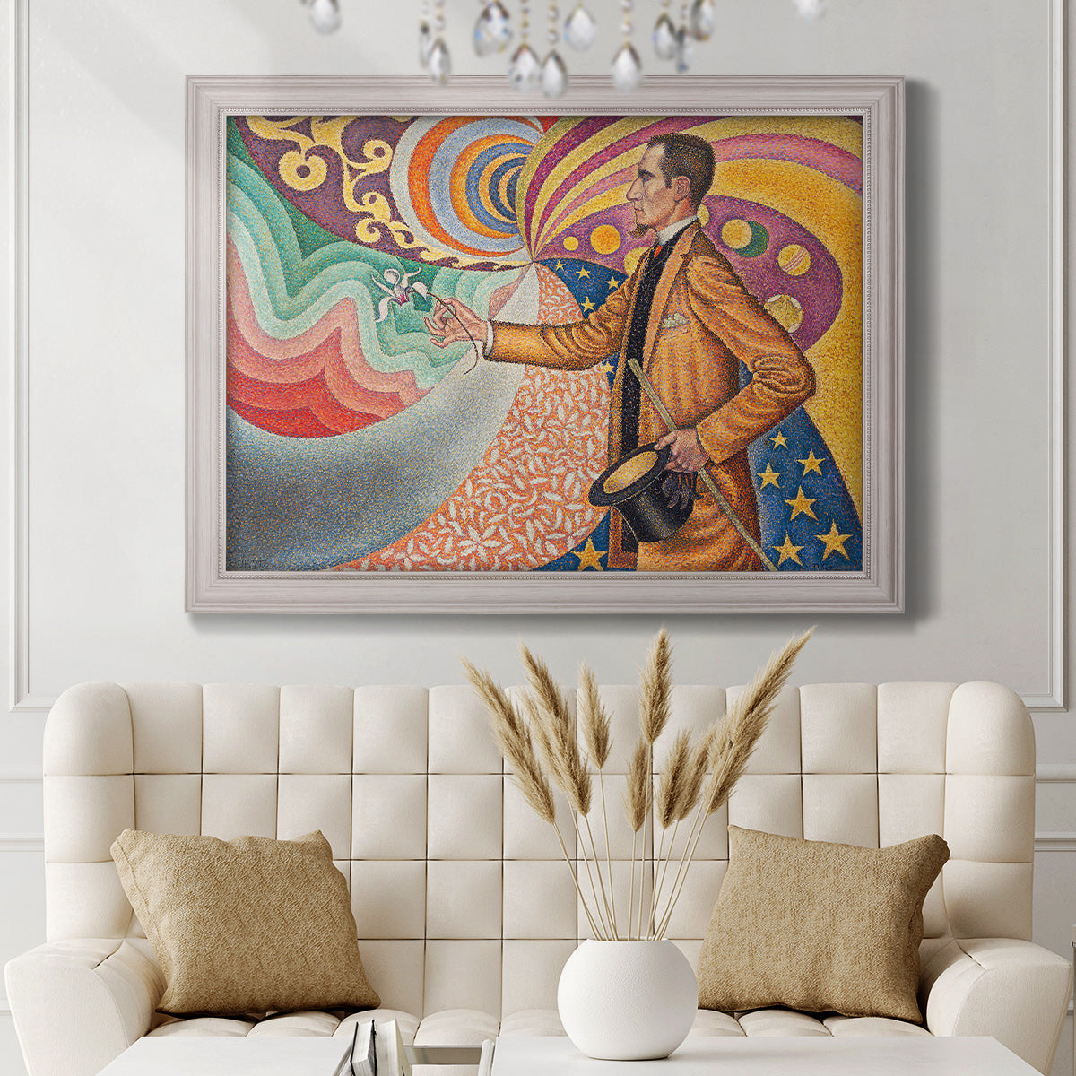 Neo-impressionist abstract portrait by Paul Signac in an ornate weathered white frame displayed in a neutral-toned interior setting.