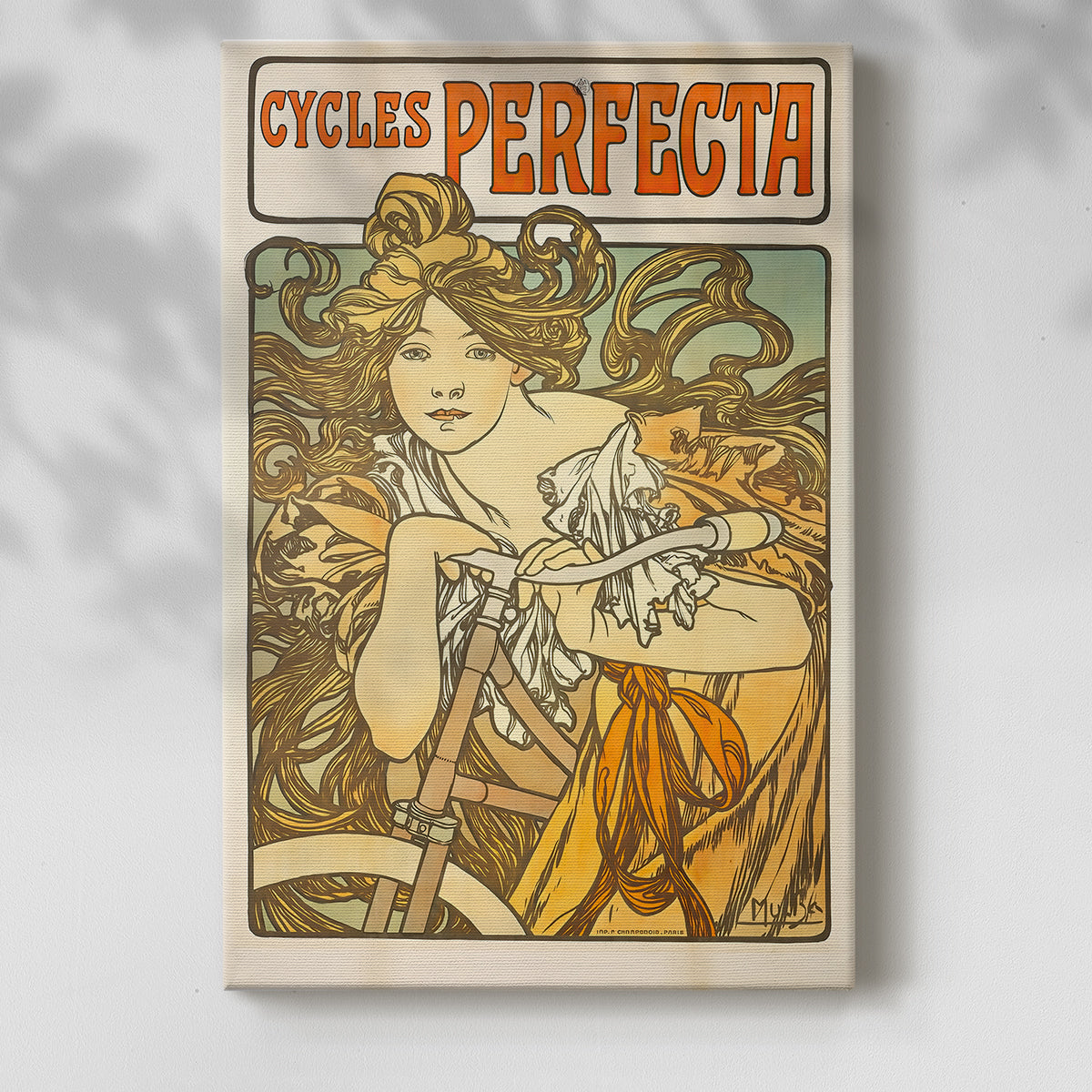 Canvas art print of a vintage advertisement featuring a woman and bicycle with flowing lines with a soft shadow on a white background.