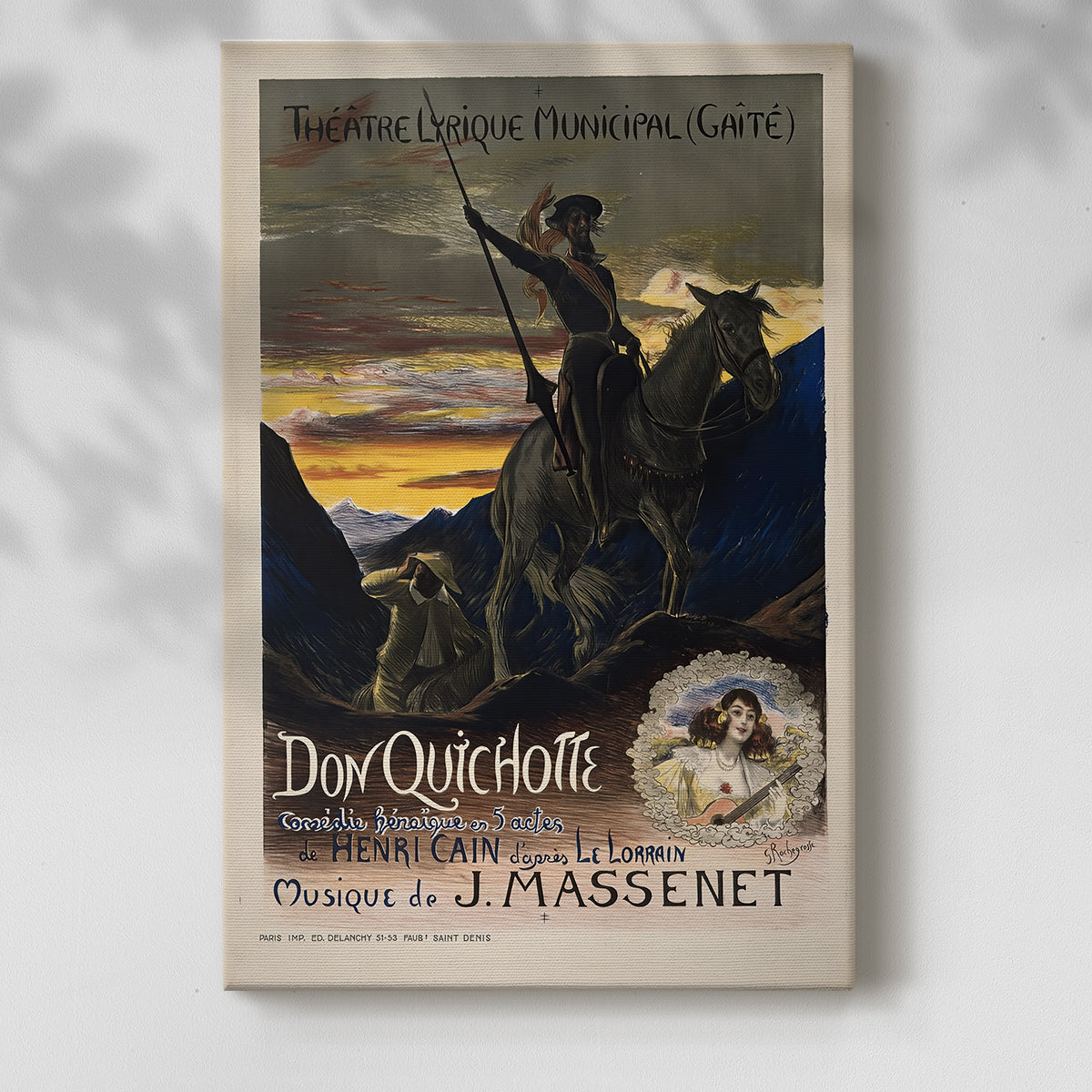 Canvas art print of a stylized poster with a dramatic figure and graphic elements with a soft shadow on a white background.