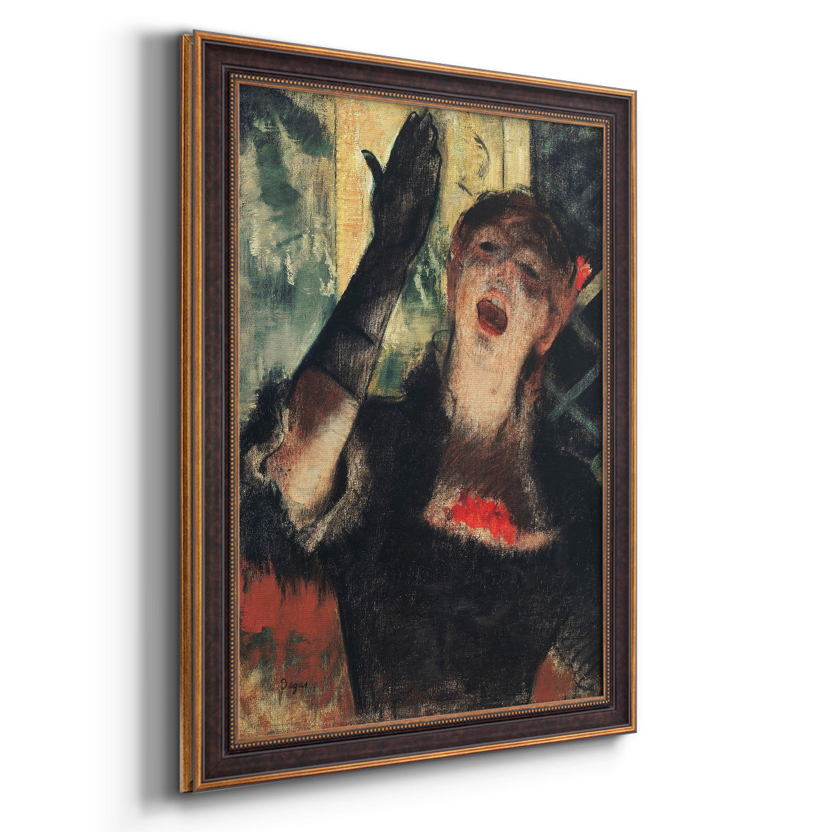 Impressionist portrait of a café singer by Edgar Degas printed on canvas in an ornate bronzed mahogany wood frame with a vertical orientation.