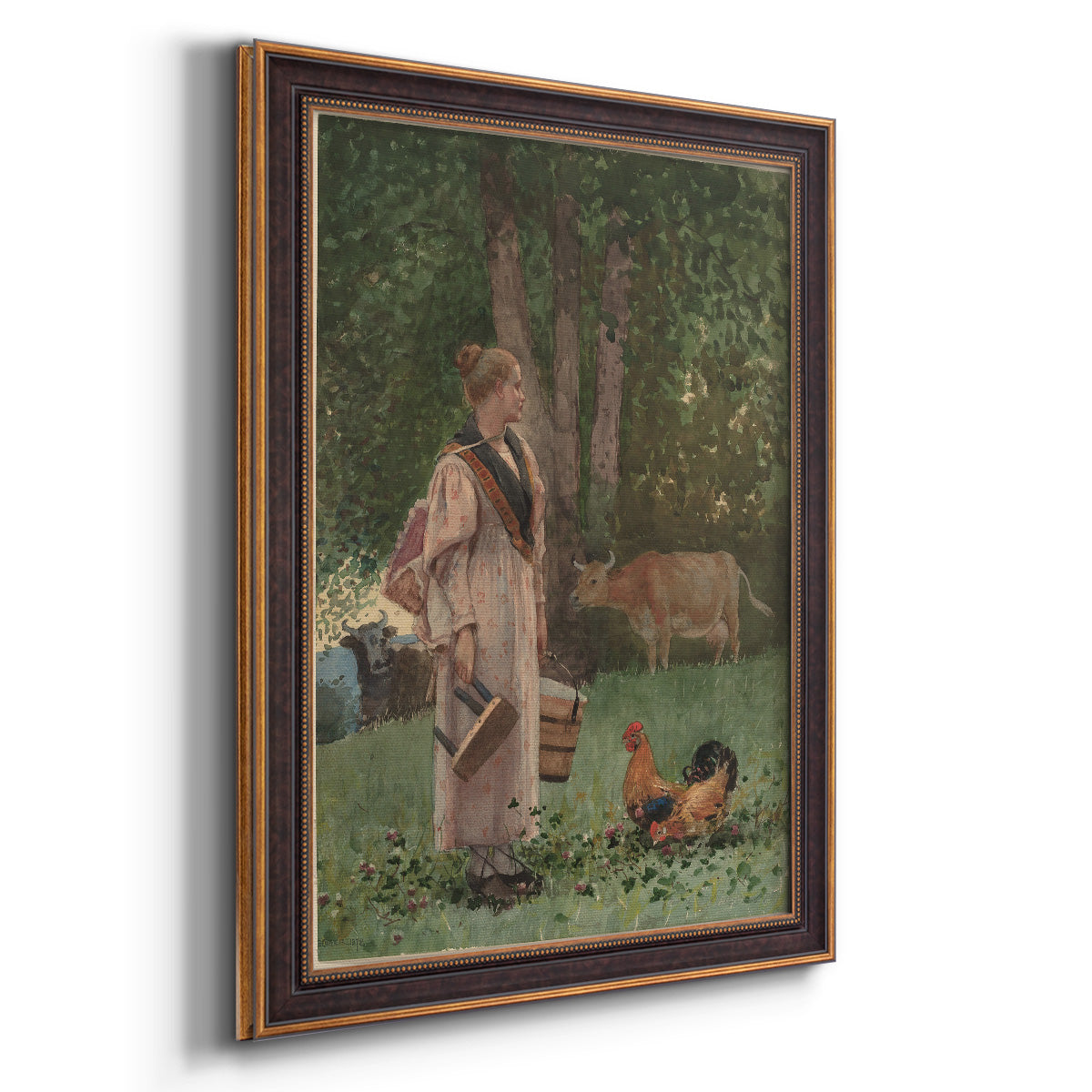 Realist genre scene of a milkmaid by Winslow Homer printed on canvas in an ornate bronzed mahogany wood frame with a vertical orientation.