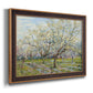 Impressionist white-blossomed orchard landscape by Vincent van Gogh printed on canvas in an ornate bronzed mahogany wood frame.