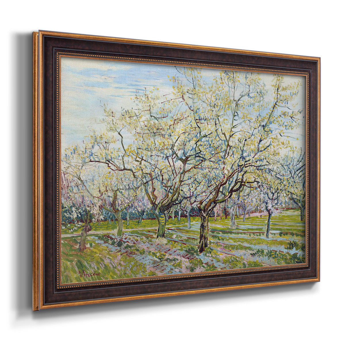 Impressionist white-blossomed orchard landscape by Vincent van Gogh printed on canvas in an ornate bronzed mahogany wood frame.
