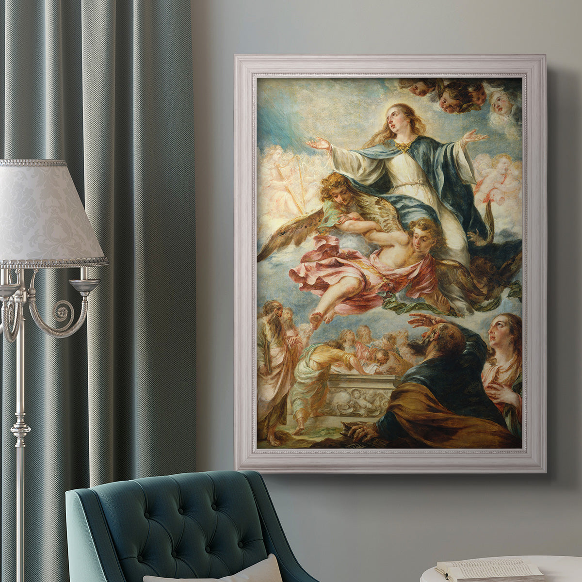 Religious painting of the Assumption of the Virgin Mary by Juan de Valdés Leal in an ornate weathered white frame displayed in a neutral interior setting.