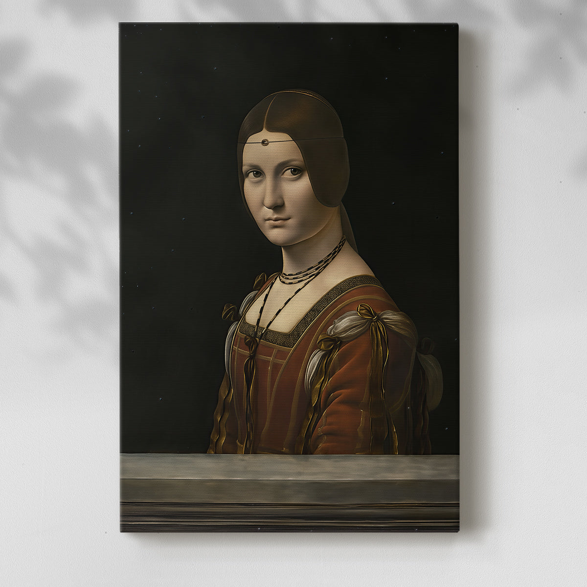 Canvas art print of a refined female figure with elegant posture and soft light with a soft shadow on a white background.