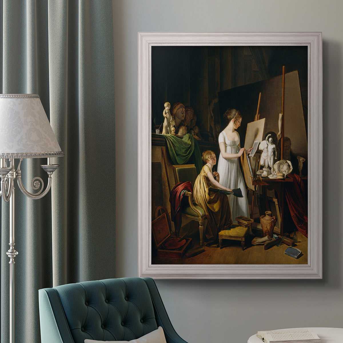 Classical interior painting of an artist at work by Louis-Leopold Boilly in an ornate weathered white frame displayed in a neutral interior setting.