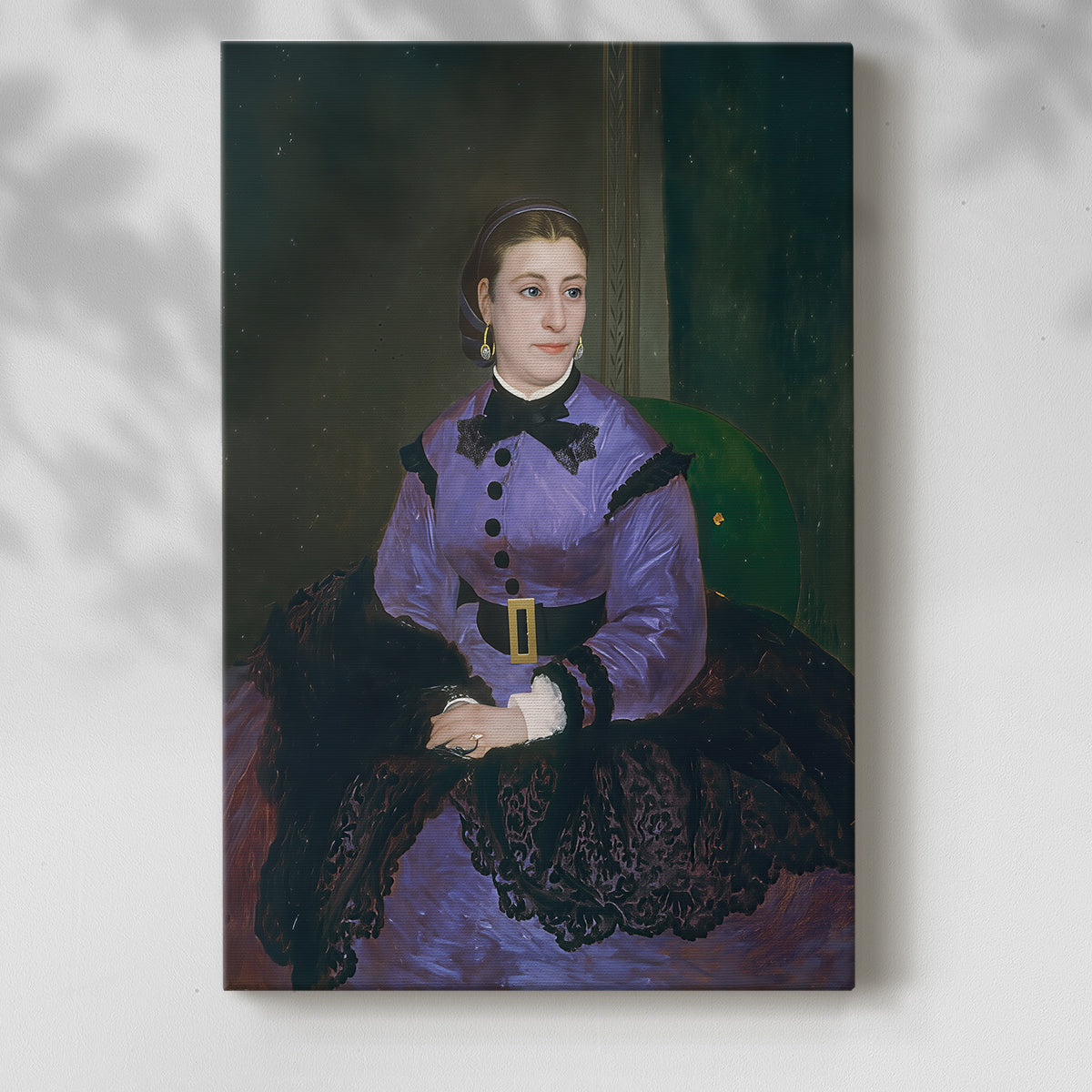 Canvas art print of a delicate portrait with smooth brushwork and gentle expression with a soft shadow on a white background.