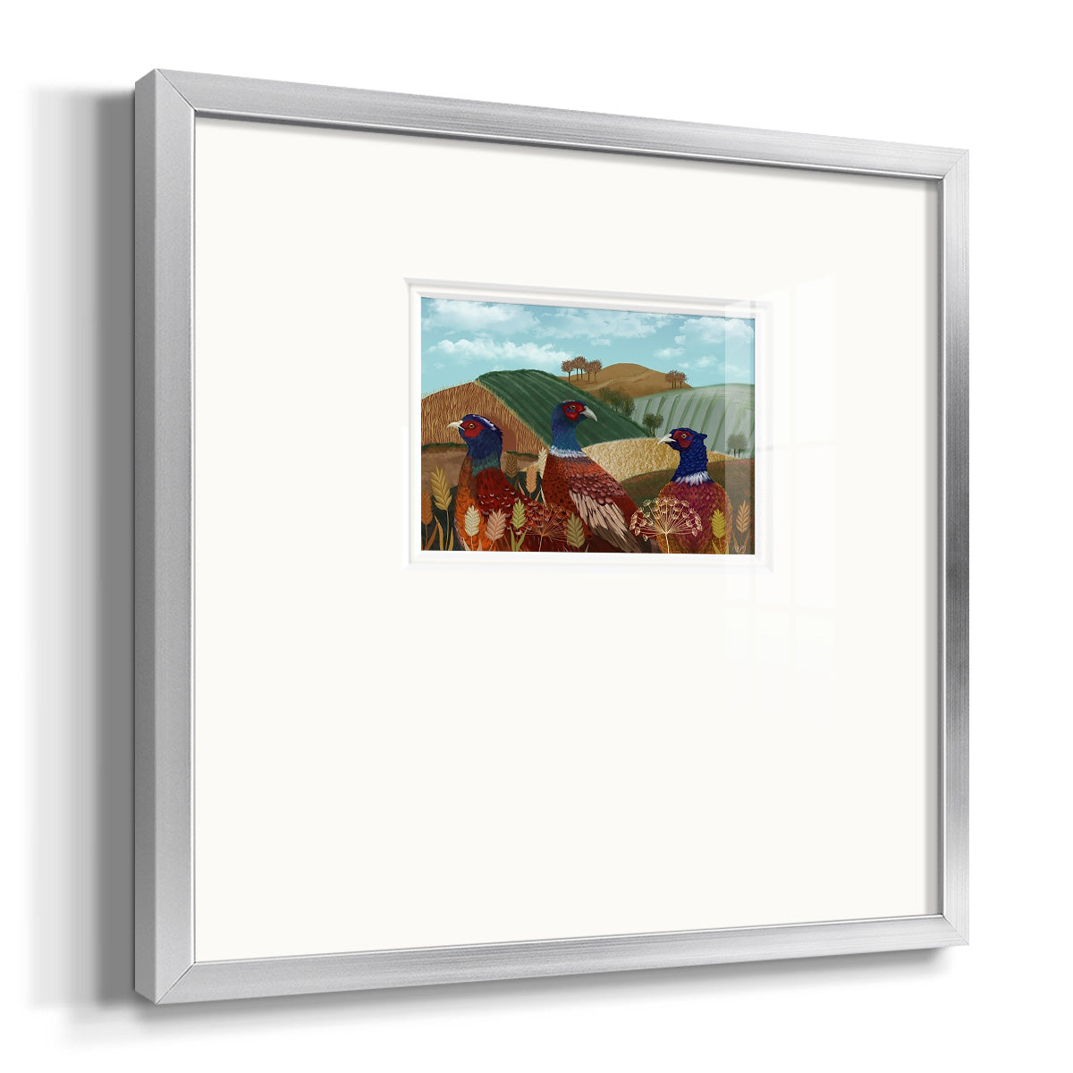 Pheasant Trio in Field Premium Framed Print Double Matboard