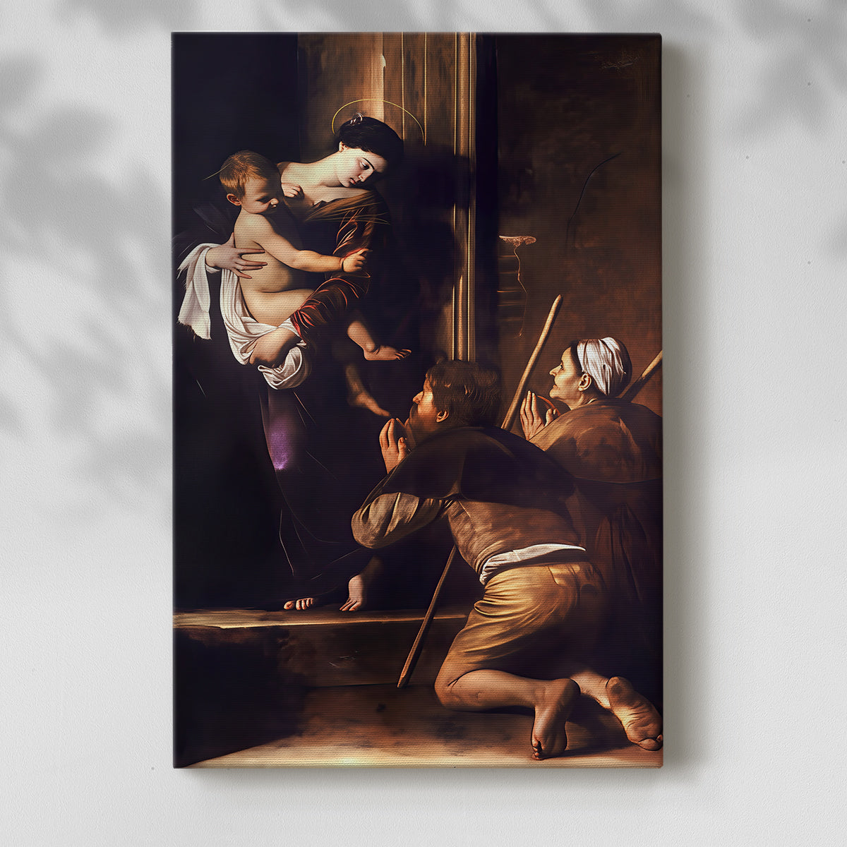 Canvas art print of a religious composition with figures gathered in shadow with a soft shadow on a white background.