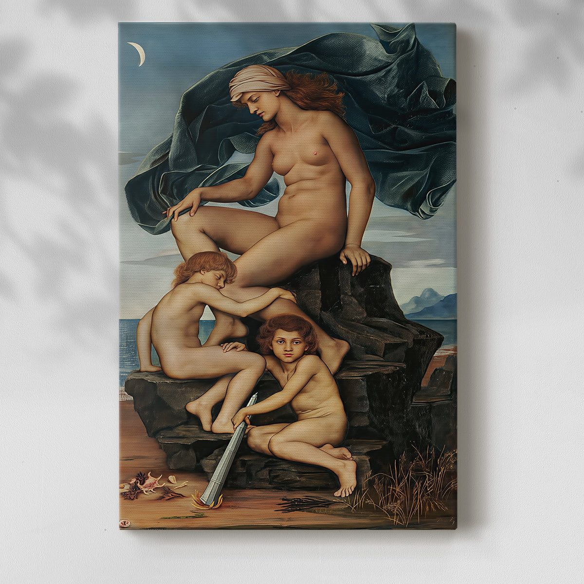 Canvas art print of a mythic composition with entwined forms and soft contrast with a soft shadow on a white background.