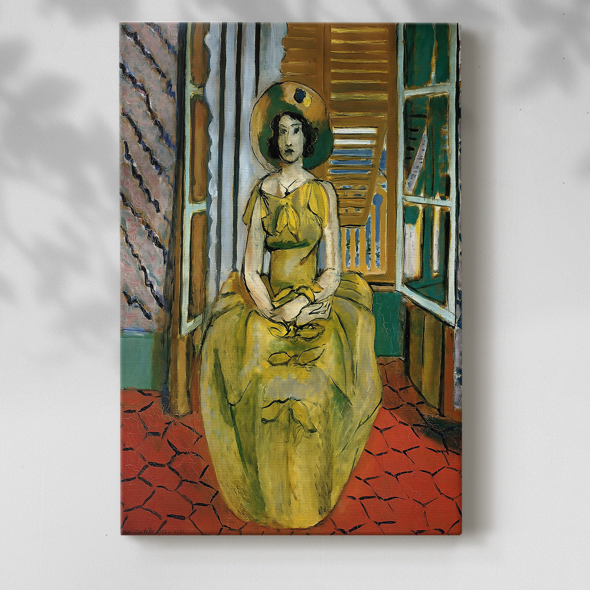 Canvas art print of a stylized figure with bright tones and patterned surroundings with a soft shadow on a white background.