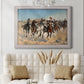 Impressionist western action scene by Frederic Remington in an ornate weathered white frame displayed in a neutral-toned interior setting.