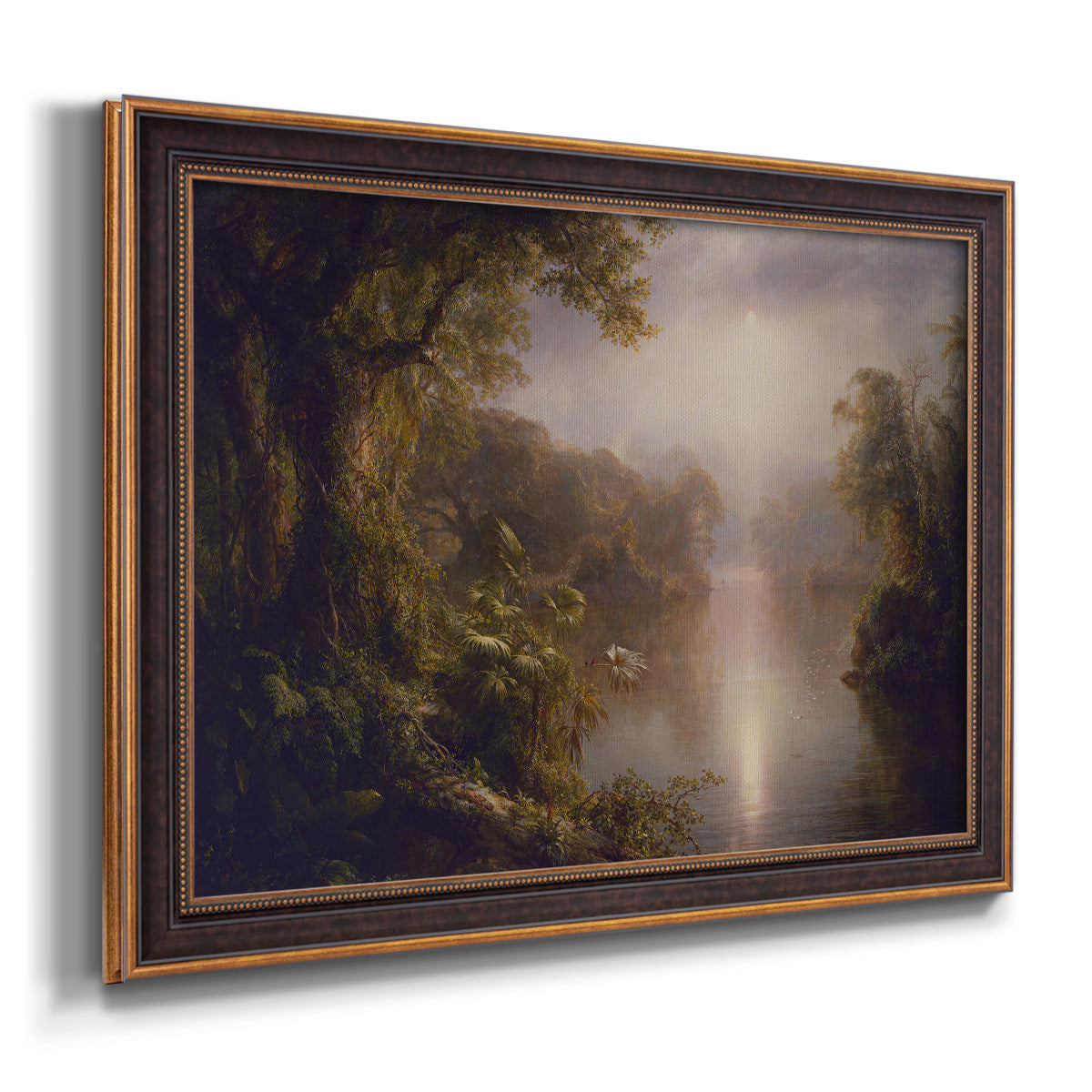 Luminous romantic landscape painting by Frederic Edwin Church printed on canvas in an ornate bronzed mahogany wood frame.