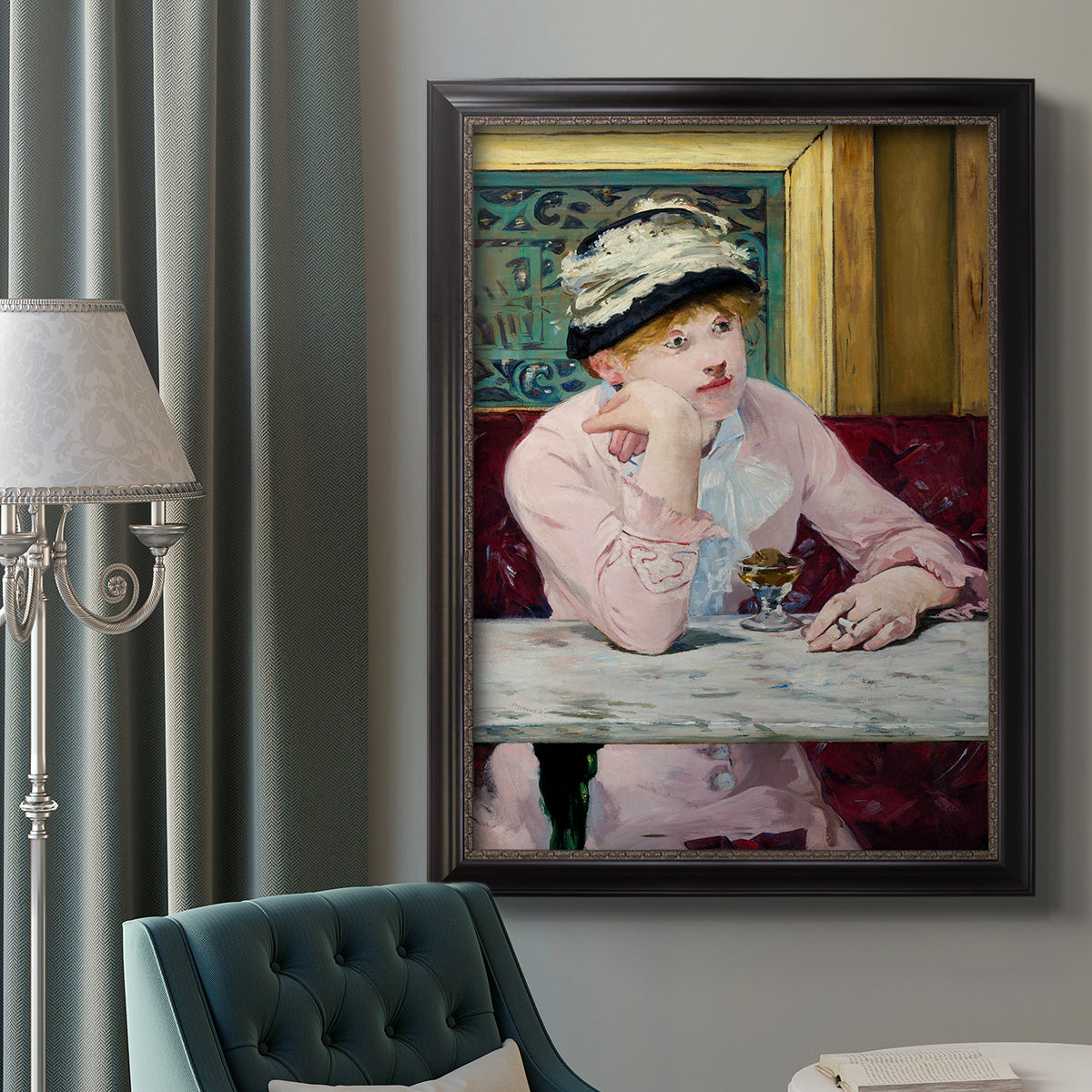 Impressionist portrait scene with plum brandy by Édouard Manet in an ornate black frame with gilded inner detail displayed in a neutral interior setting.