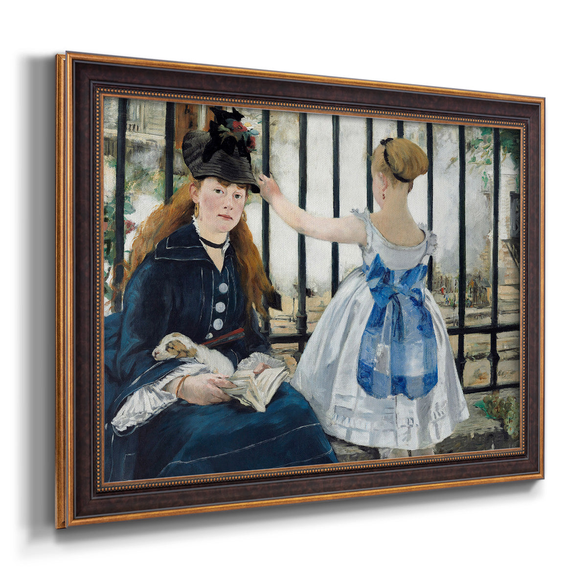 Impressionist urban scene near a railway by Édouard Manet printed on canvas in an ornate bronzed mahogany wood frame.