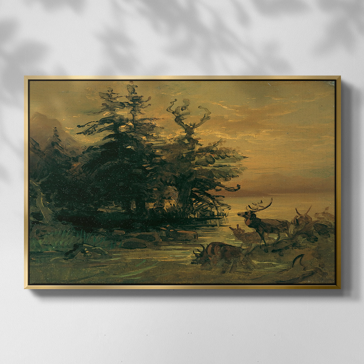 Wallowing Deer on the Shore of a Mountain Lake, c. 1850 - Floater Framed Canvas Print