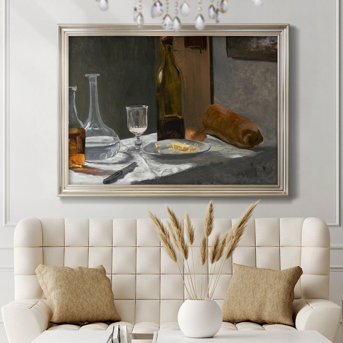 Impressionist still life with wine and bread by Claude Monet in an ornate champagne frame displayed in a neutral-toned interior setting.