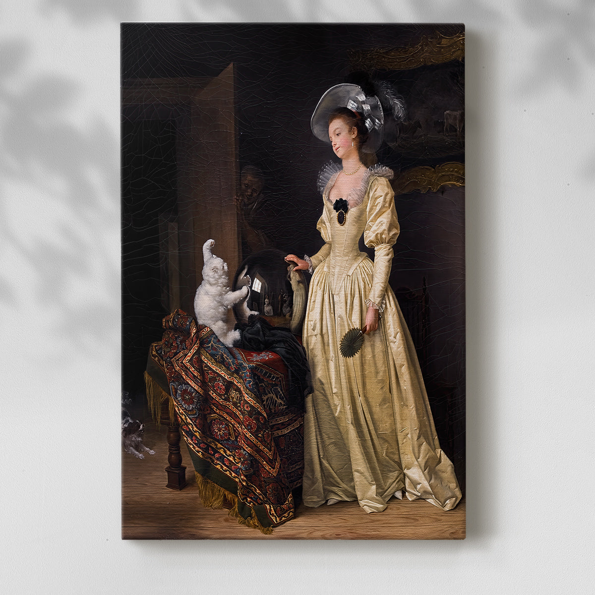 Canvas art print of a refined figure with a cat and delicate pastel tones with a soft shadow on a white background.