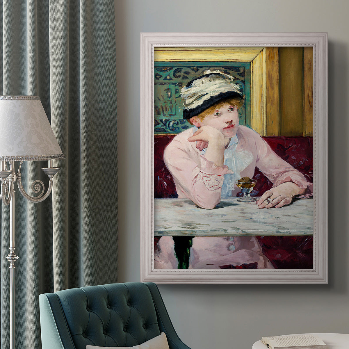 Impressionist portrait scene with plum brandy by Édouard Manet in an ornate weathered white frame displayed in a neutral interior setting.