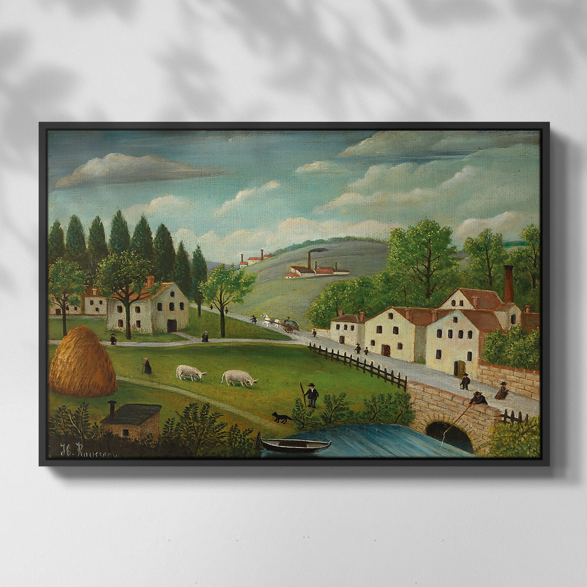 Pastoral Landscape with Stream, Fisherman and Strollers, 1875-1880 - Floater Framed Canvas Print