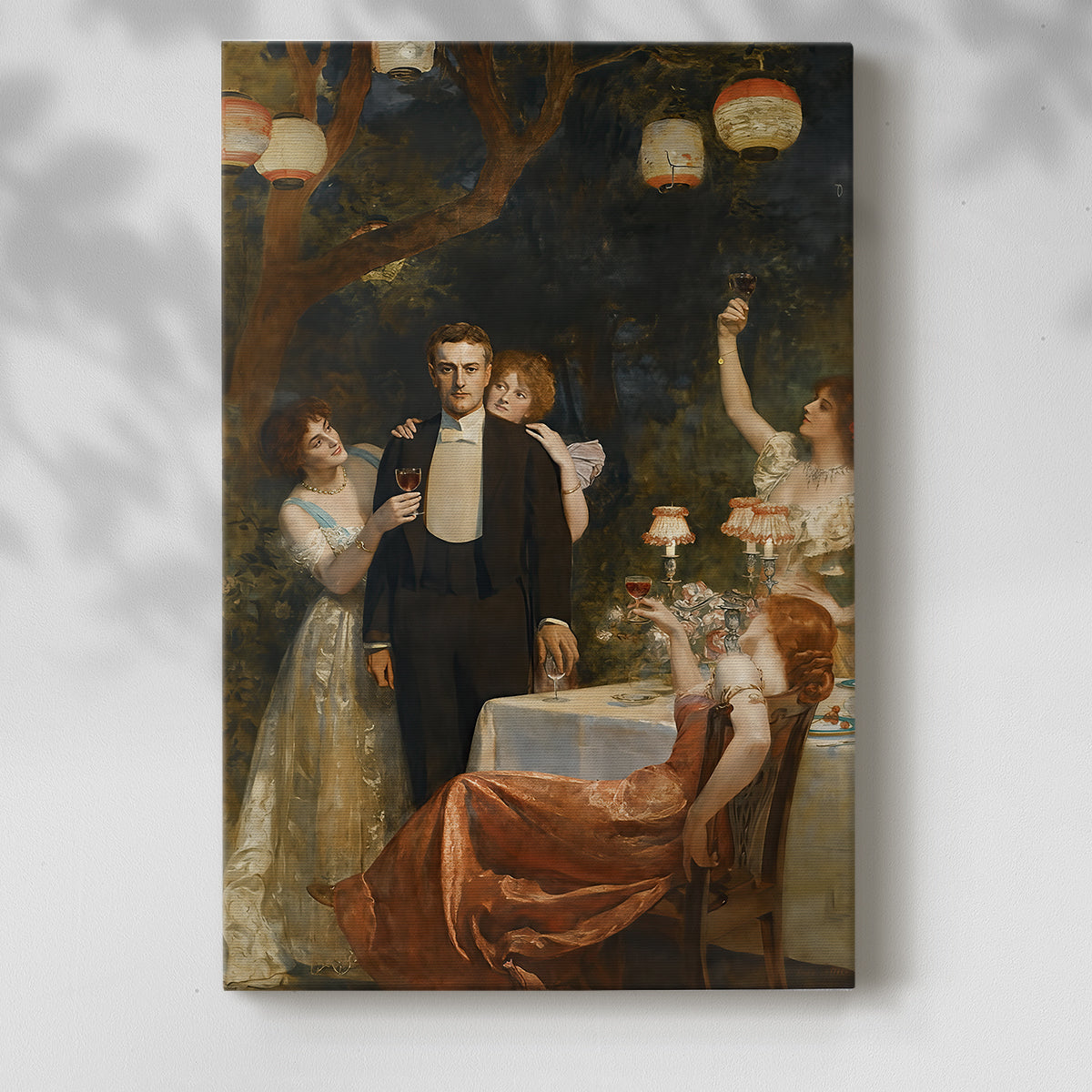 Canvas art print of a Romantic composition with figure and ornate surroundings with a soft shadow on a white background.