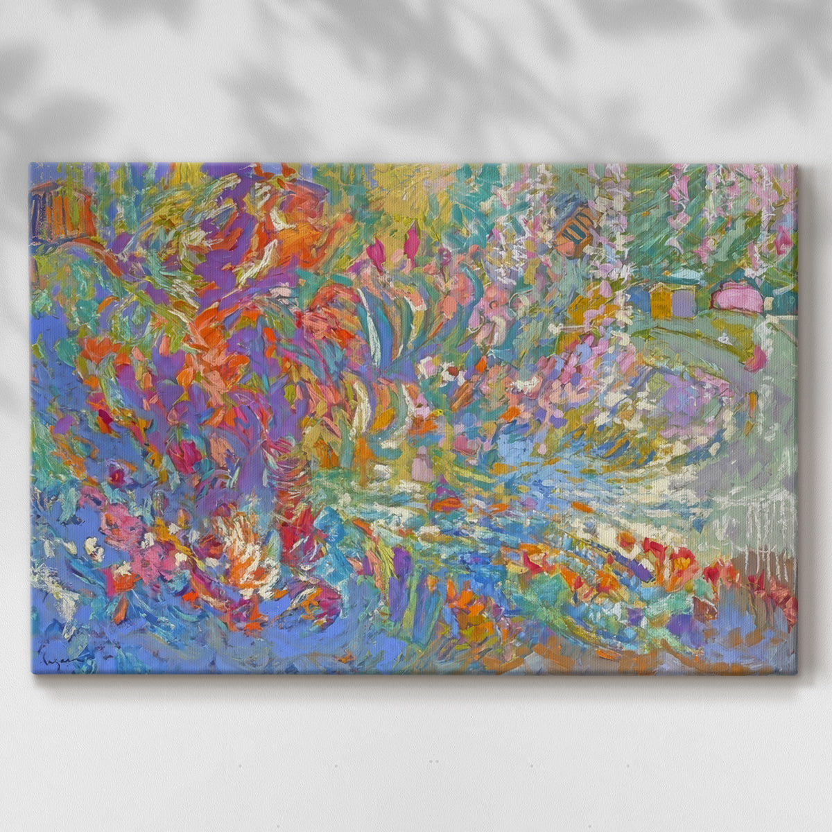 Vibrant display of colors depicting a lush garden blooming with flowers in an abstract style reflecting serenity and joy