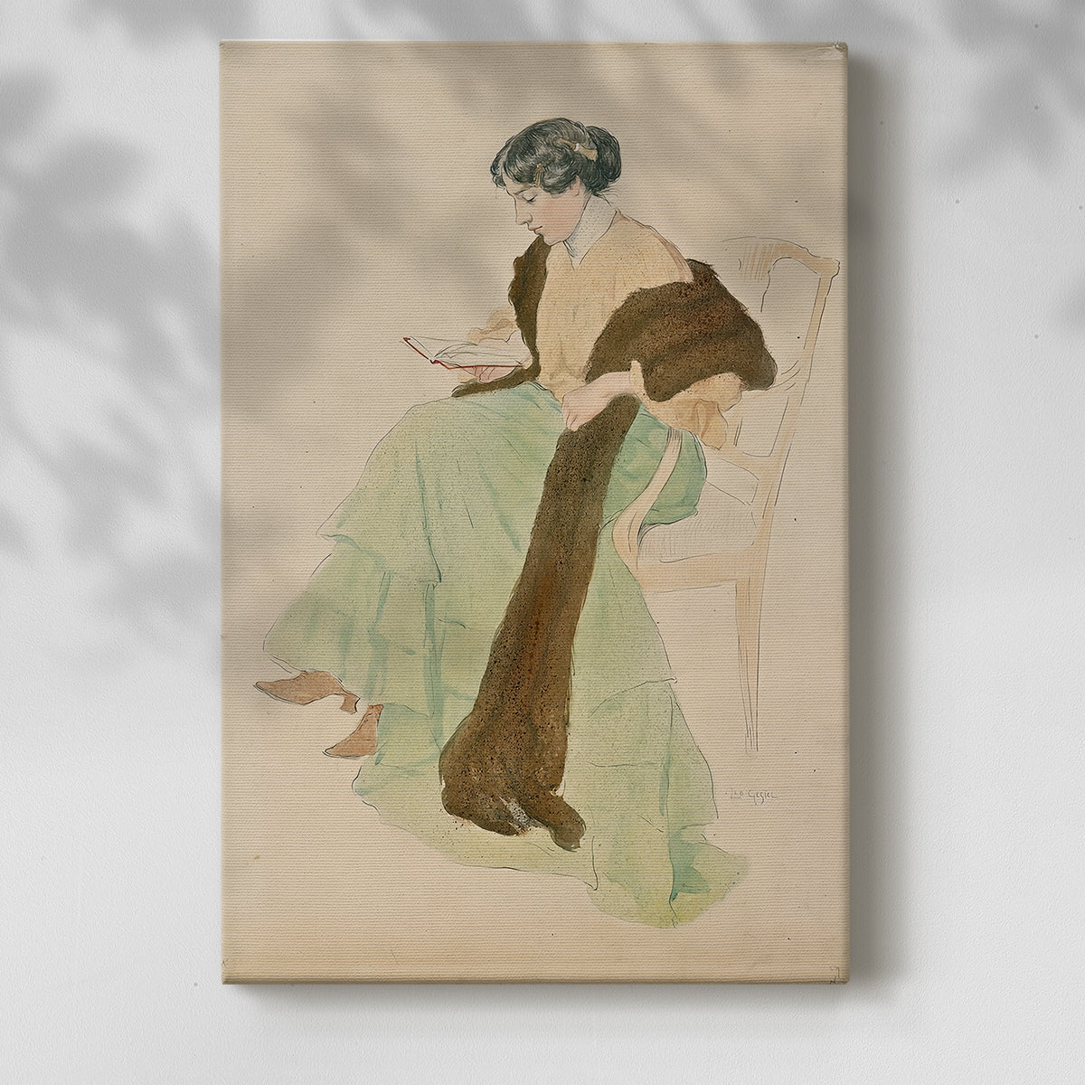Canvas art print of a calm figure with book and gentle tones with a soft shadow on a white background.