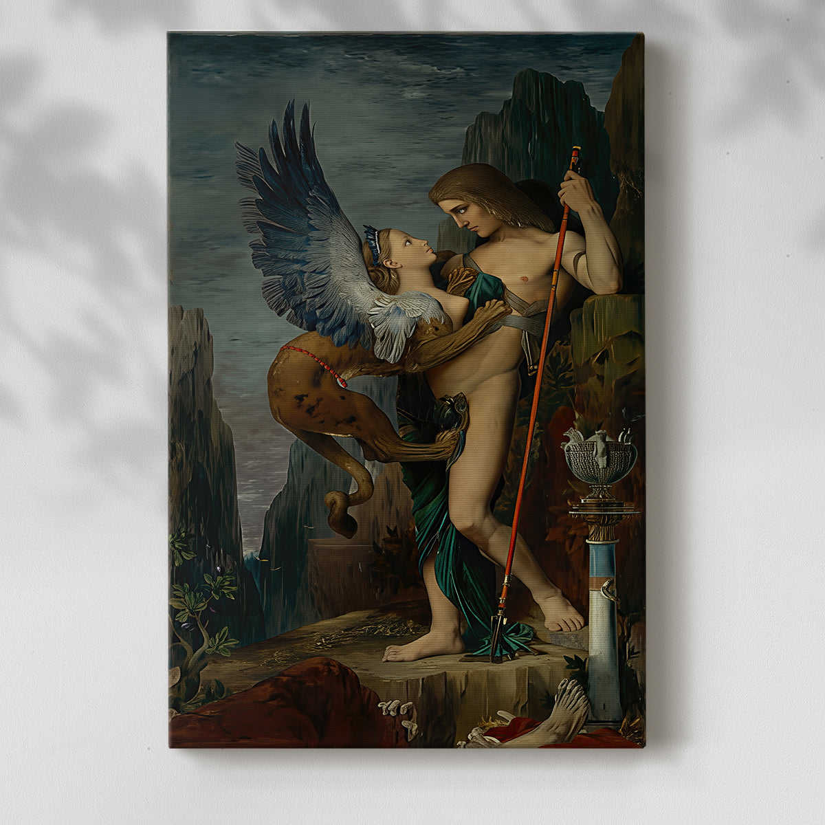 Canvas art print of a mythological composition with figures and strong contrast with a soft shadow on a white background.