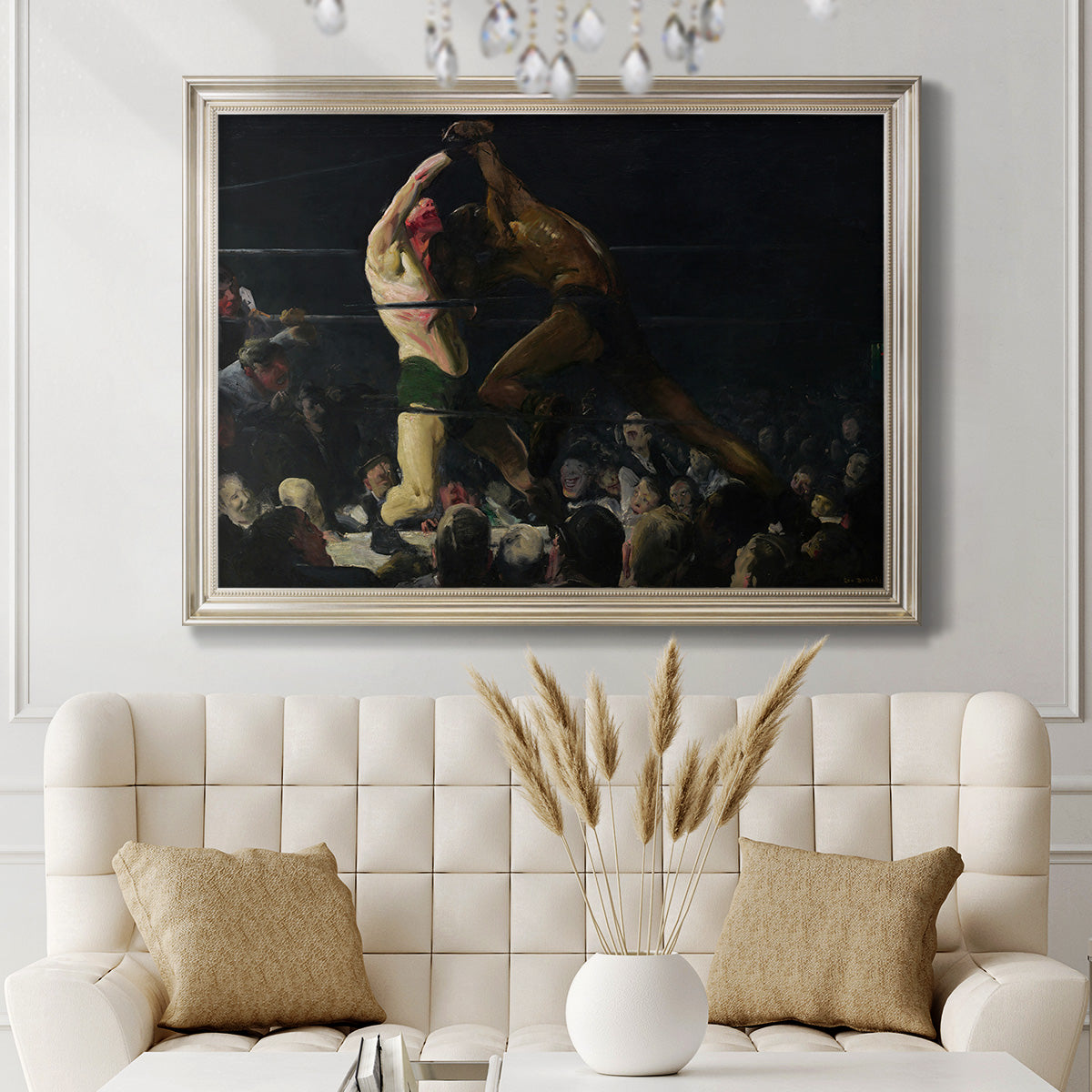 American genre painting of men in a social club by George Bellows in an ornate champagne frame displayed in a neutral-toned interior setting.