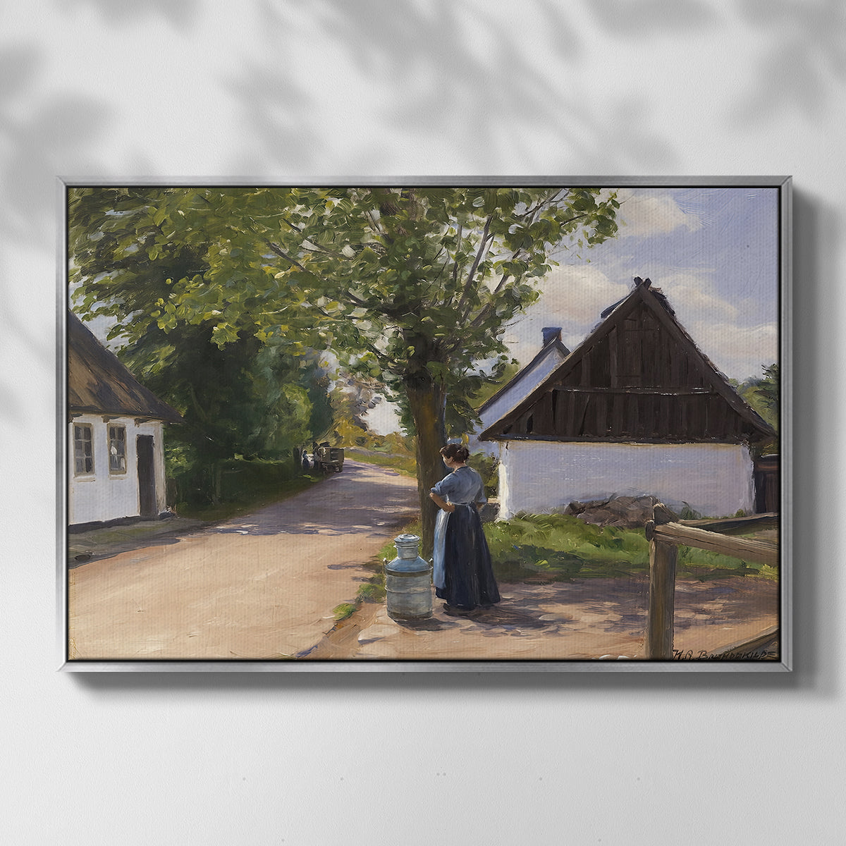 Danish Village Street with Woman and Milkman, 1880 - Floater Framed Canvas Print