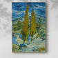 Canvas art print of a stylized nature scene with vertical trees and vivid tones with a soft shadow on a white background.